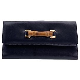 Gucci Cartera larga de cuero negro vintage con detalles de bambú Negro