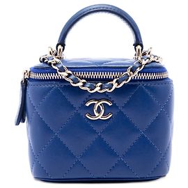 Chanel Blue Mini CC gestepptes Lammleder mit Tragegriff und Kette Vanity Case Blau