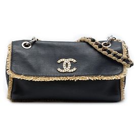 Chanel Black CC Raffia Fringe Trimmed Calfskin Chain Flap Autre