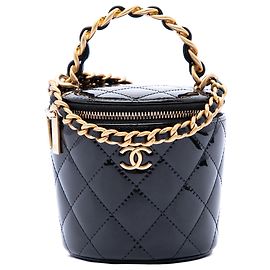 Chanel Black Quilted Patent Afternoon Tea Top Handle Vanity Case with Chain Black