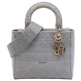 Dior Gris Medium Toile Brodée Cannage Lady D Lite Marron