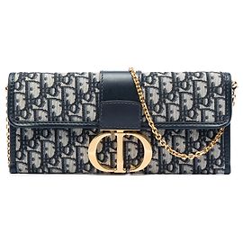 Clutch 30 Montaigne em canvas Blue Oblique da Dior com corrente Azul Azul marinho