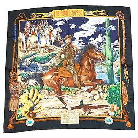 Carré Hermès The Pony Express di Kermit Oliver 90 cm Seta Nera Marrone Nero Bianco Blu Multicolore Beige D'oro