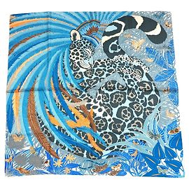 Hermès Lenço Jaguar Quetzal 90cm Seda Azul Marrom Branco Azul Dourado Cinza