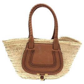 Chloé Borsa Marcie Medium Basket in Raffia e Vitello Chloe Marrone