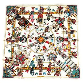 Carré Hermès Kachina par Kermit Oliver 90 cm Soie Blanche Marron Noir Blanc Rouge Bleu Doré Vert Jaune
