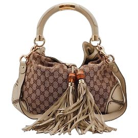 Gucci Bolsa Hobo Shopper em Lona Monograma e Bambu Marrom Bege