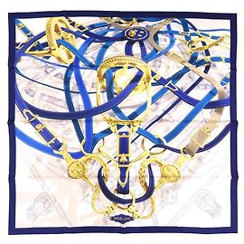 Hermès Hermes Carre 90 Cavalcodour Voltigeur Pañuelo de Seda Azul Crudo Amarillo