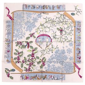 Hermès Hermes Carre 90 Neige d’Antan Silk Scarf Bianco Verde Blu chiaro