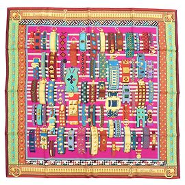 Hermès Hermes Carre 90 Collier de Chien Sciarpa in Seta Rosa Multicolore Verde Giallo