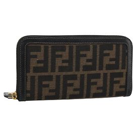 FENDI Zucca Canvas Long Wallet Black Brown Auth 193160V Brown Black