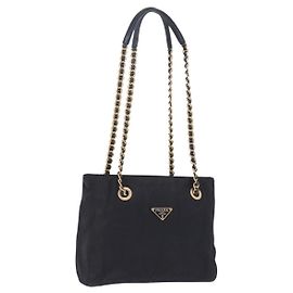 PRADA Chain Shoulder Tote Bag Nylon Black Gold Auth 193554 Black Golden