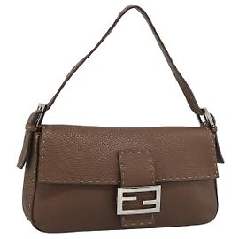 FENDI Celeria Mamma Baguette Shoulder Bag Leather Brown Silver Auth yk20699SAM Brown Silvery