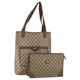 Clutch e borsa Tote GUCCI GG Supreme in PVC e pelle 2 Set Beige Oro Auth 192415 Beige Altro