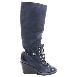 Chanel Suede x Patent Long Boots in Black x Navy G27002, Size 37 EU Navy blue