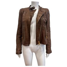Tom Ford Brown Crocodile Embossed Leather Biker Jacket Brown