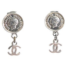 Chanel Silver Medallion Clip Earrings Silvery