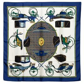 Hermès Lenço Carré 90 Hermes Folding Carriage Branco Azul