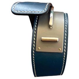 Hermès Blue Leather Cuff Bracelet with Silver Hardware Blue Silver hardware