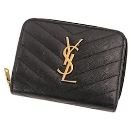Carteira dobrável de couro Cassandra V-Stitch Yves Saint Laurent Preto