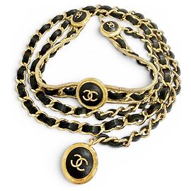 Chanel Vintage Coco Mark Clover Leather Chain Belt Black Golden