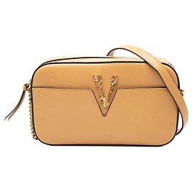 Borsa a tracolla Virtus V in pelle di vitello piccola marrone Versace Marrone Caramello