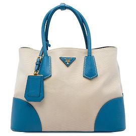 Prada Bolsa Double em Canvas Bege Médio com Acabamento em Couro Saffiano Bege