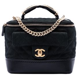 Chanel Black Quilted Iridescent Caviar Globe Trotter Vanity with Chain Black