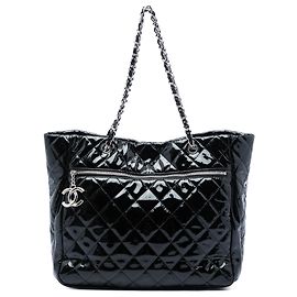 Chanel Black CC Quilted Patent Chic And Glitter Ligne Timeless Tote Black