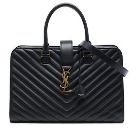 Borsa cabas Saint Laurent nera in pelle di vitello Chevron Medium con monogramma Nero