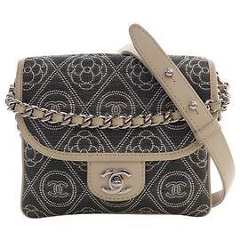 Chanel Gray Camellia Printed Canvas Double Side Flap Marrone