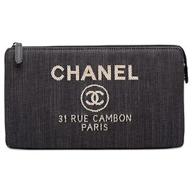 Chanel Blue Denim Deauville Double Compartment Clutch Blau Marineblau