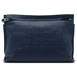 LOEWE Blue Embossed Anagram Leather Repeat T Clutch Blue Navy blue