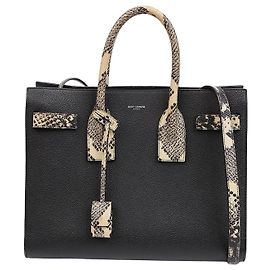 Saint Laurent Small Leather Python Pattern Sac De Jour Tote Shoulder Bag Black Black