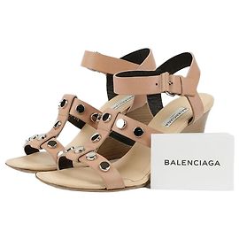Balenciaga Pink Leather Studded Strap Wedge Sandal Heel Pink