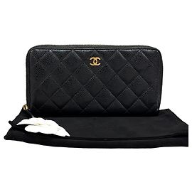 Chanel Caviar Zip Long Wallet Black Black