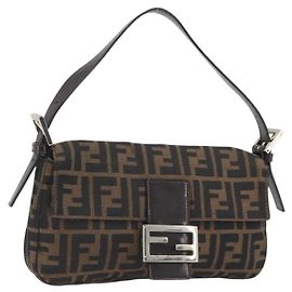 FENDI Zucca Canvas Mamma Baguette Shoulder Bag Brown Silver Auth yk20678SAM Marron Argenté