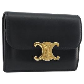 Céline CELINE Triomphe Card Case Leather Black Gold Auth mr2753A Black Golden