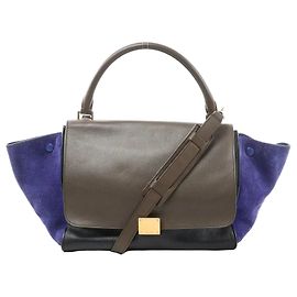 Céline Sac à main 2Way CELINE Trapeze en cuir x daim Marron x Bleu marine x Noir Marron