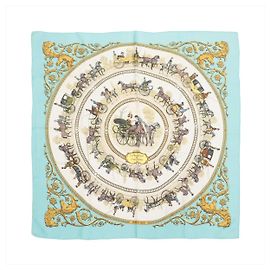 Carré 90 Hermès "LA PROMENADE DE LONGCHAMPS" Lenço de seda Azul Azul
