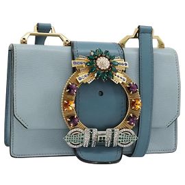 Miu Miu Madras Crystal Buckle Leather Small Azul