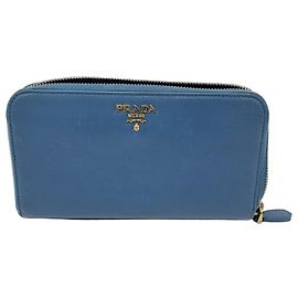 Prada Zip Around Tab Saffiano Leather Long Blue