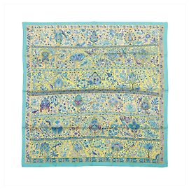 Lenço de seda Hermès Carré 90 "Au Pays des Oiseaux Fleurs" em azul Azul