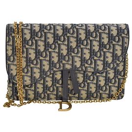 CHRISTIAN DIOR Bolsa Clutch de corrente Saddle em jacquard Oblique azul Bege Azul escuro