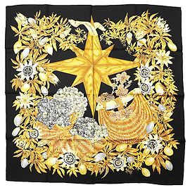 Lenço de seda Hermès Carré90 PASSIFLORES Preto Amarelo