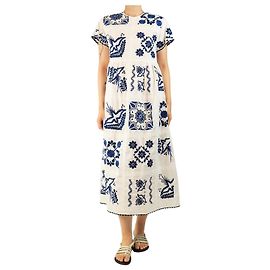 Red Valentino Weiß-blau besticktes Kleid mit Blumenmuster - Größe UK 8 Weiß