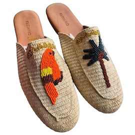 Farm Rio Macaw Raffia Mules Beige Brown Beige Green Orange Yellow