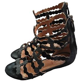 Alaïa Black Suede Scalloped Gladiator Sandals Black