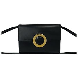 Céline Celine Vintage Leder Schultertasche mit kreisförmiger Logo-Hardware Schwarz