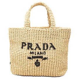 Prada Beige Small Raffia Effect Crochet Embroidered Logo Tote Beige